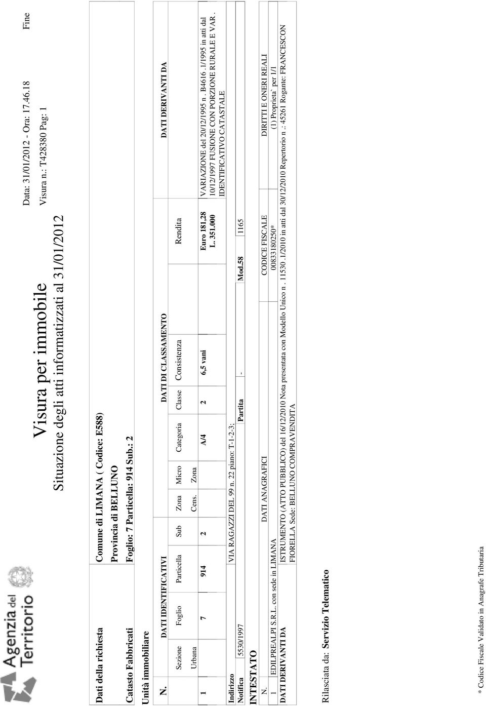 DIRITTI E ONERI REALI 1 EDILPREALPI S.R.L. con sede in LIMANA 00833180250* (1) Proprieta` per 1/1 DATI DERIVANTI DA ISTRUMENTO (ATTO PUBBLICO) del 16/12/2010 Nota presentata con Modello Unico n.