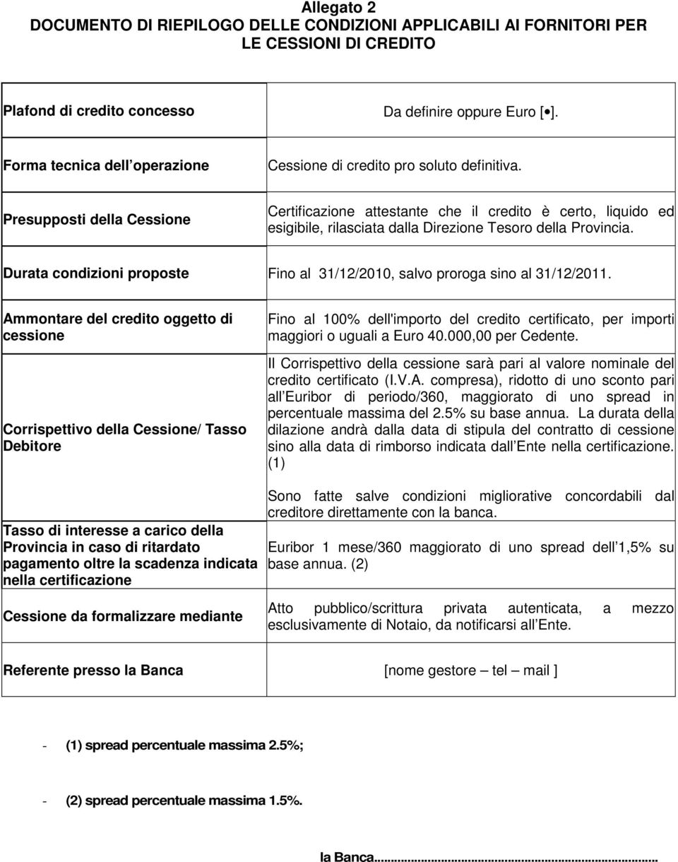 Presupposti della Cessione Certificazione attestante che il credito è certo, liquido ed esigibile, rilasciata dalla Direzione Tesoro della Provincia.