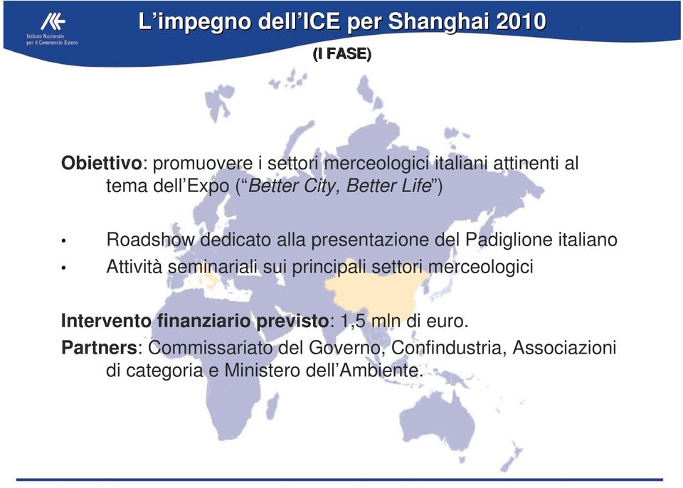 Padiglione italiano Attività seminariali sui principali settori merceologici Intervento finanziario