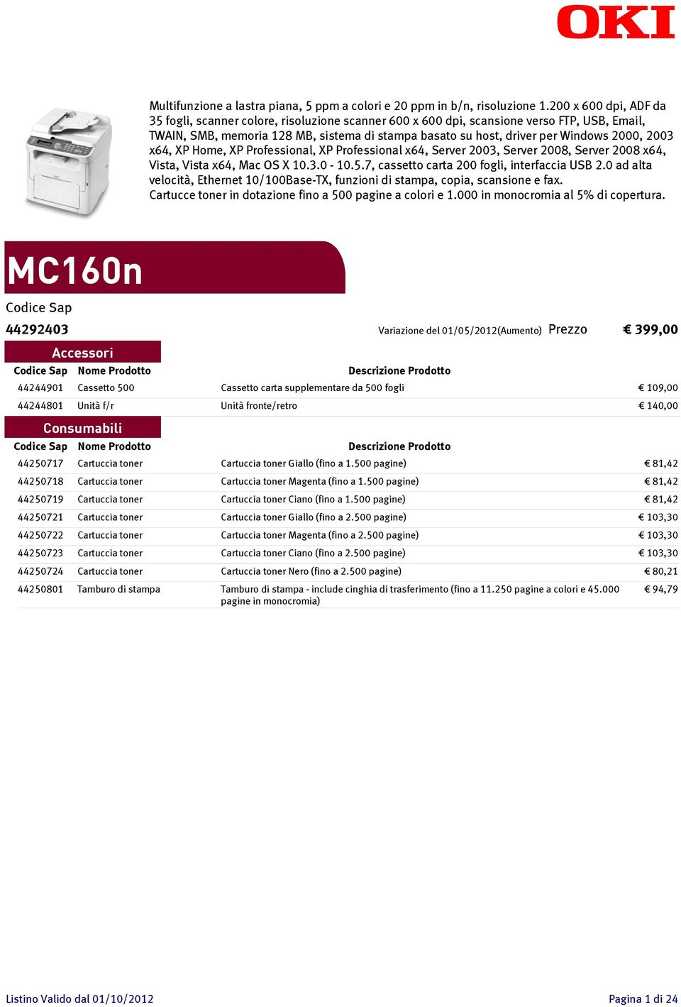 2000, 2003 x64, XP Home, XP Professional, XP Professional x64, Server 2003, Server 2008, Server 2008 x64, Vista, Vista x64, Mac OS X 10.3.0-10.5.7, cassetto carta 200 fogli, interfaccia USB 2.