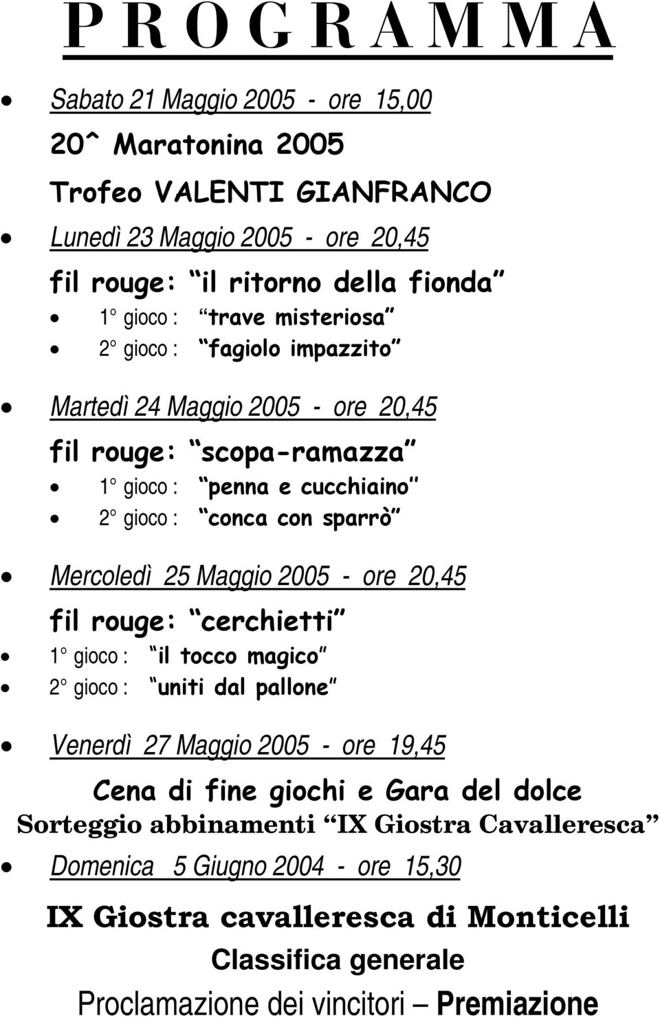 Maggio 2005 - ore 20,45 fil rouge: cerchietti 1 gioco : il tocco magico 2 gioco : uniti dal pallone Venerdì 27 Maggio 2005 - ore 19,45 Cena di fine giochi e Gara del dolce