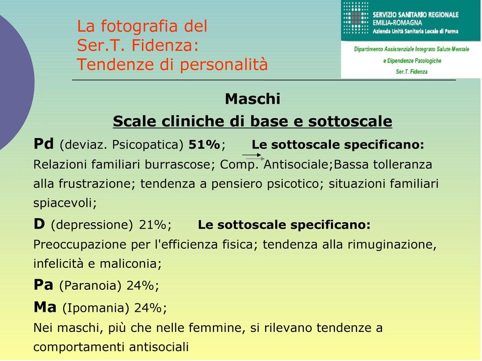 Antisociale;Bassa tolleranza alla frustrazione; tendenza a pensiero psicotico; situazioni familiari spiacevoli; D (depressione) 21%; Le