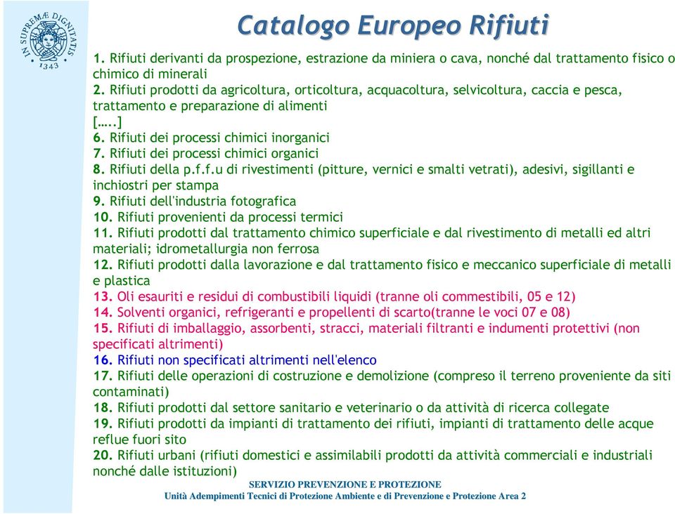 Rifiuti dei processi chimici organici 8. Rifiuti della p.f.f.u di rivestimenti (pitture, vernici e smalti vetrati), adesivi, sigillanti e inchiostri per stampa 9.