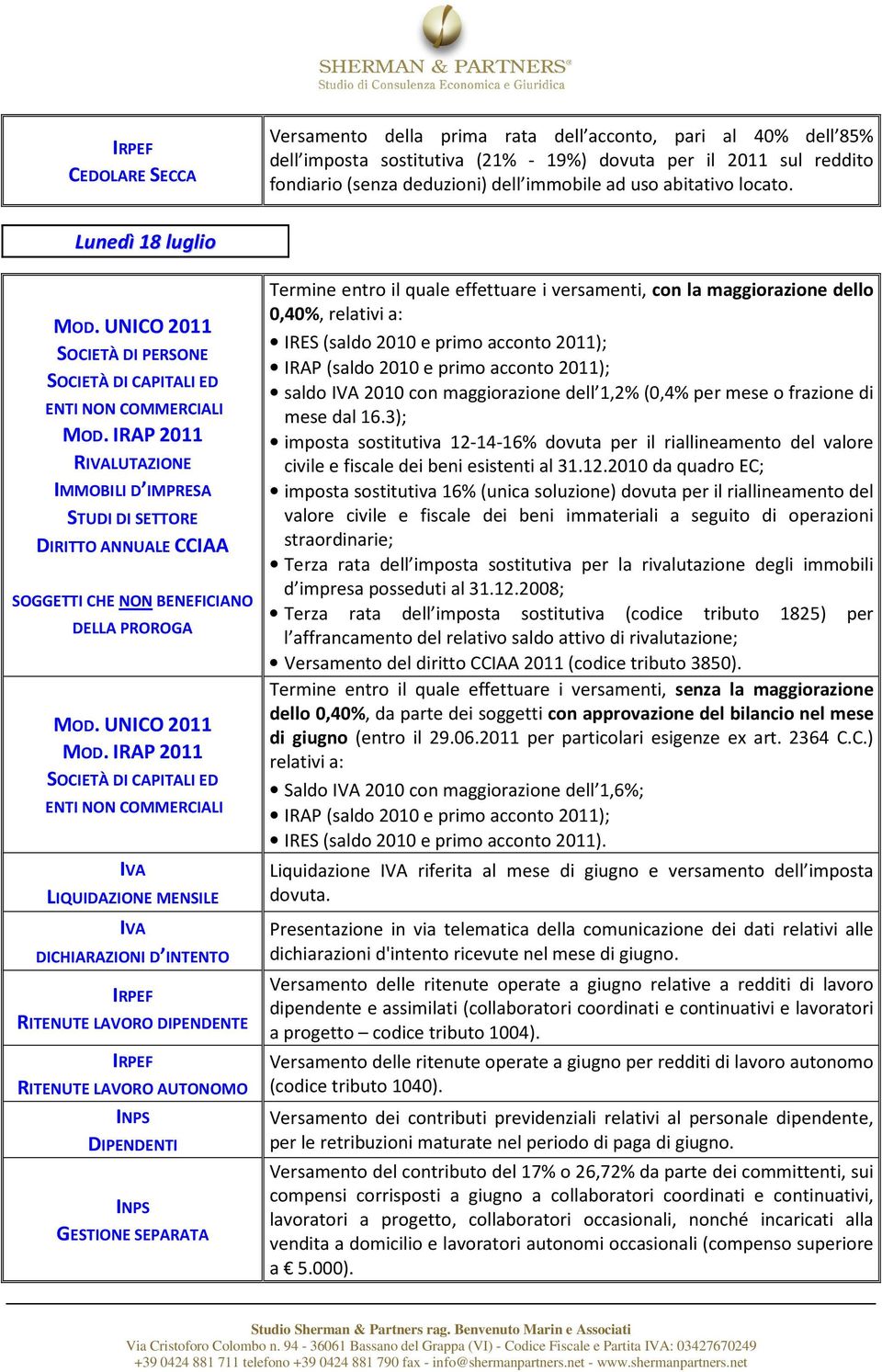 Lunedì 18 luglio SOCIETÀ DI PERSONE RLUTAZIONE IMMOBILI D IMPRESA STUDI DI SETTORE DIRITTO ANNUALE CCIAA SOGGETTI CHE NON BENEFICIANO LIQUIDAZIONE MENSILE Termine entro il quale effettuare i