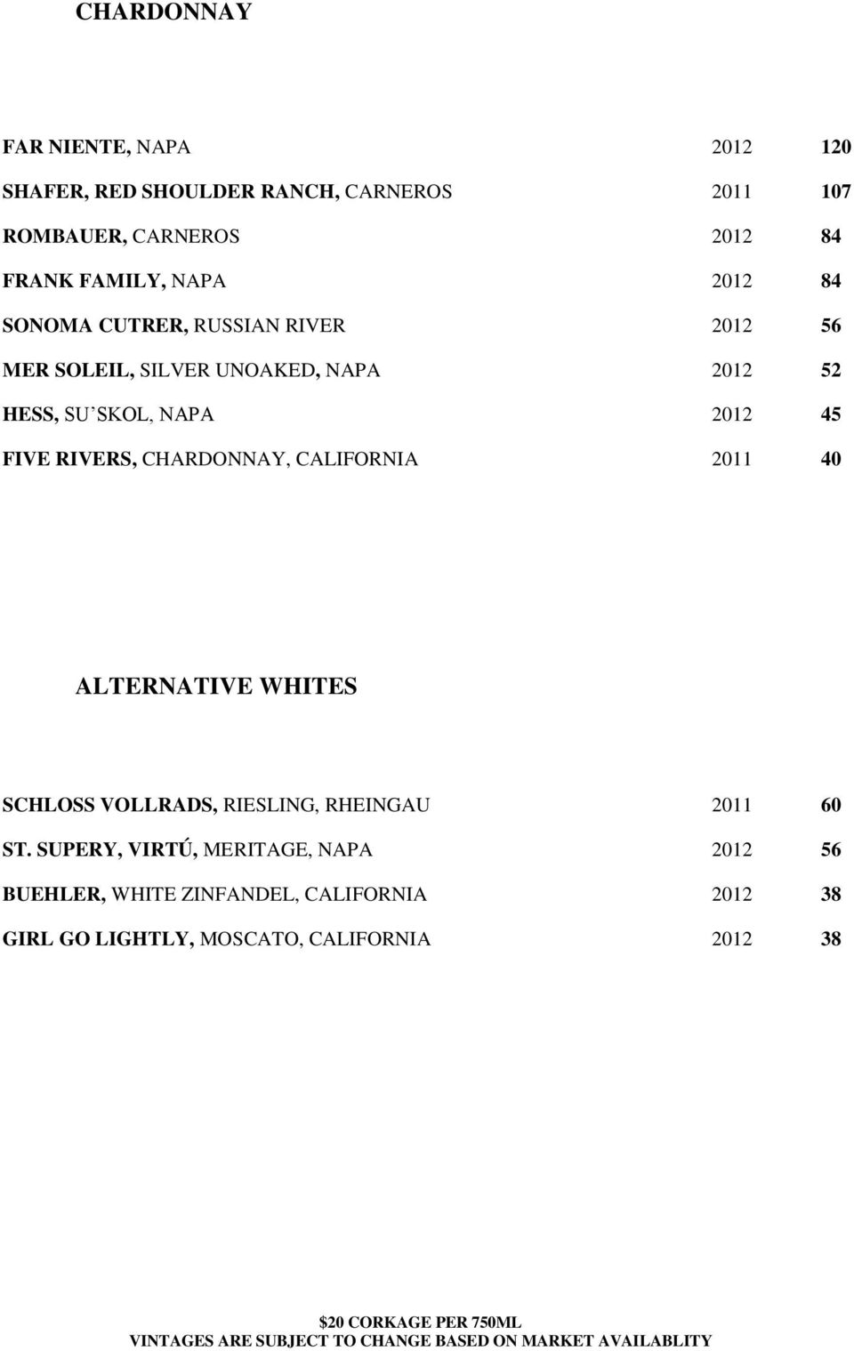 2012 45 FIVE RIVERS, CHARDONNAY, CALIFORNIA 2011 40 ALTERNATIVE WHITES SCHLOSS VOLLRADS, RIESLING, RHEINGAU 2011 60 ST.
