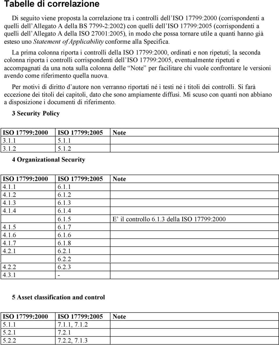 La prima colonna riporta i controlli della ISO 17799:2000, ordinati e non ripetuti; la seconda colonna riporta i controlli corrispondenti dell ISO 17799:2005, eventualmente ripetuti e accompagnati da