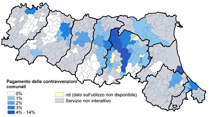 Nella maggioranza dei Comuni (pari a 118) la percentuale di pagamenti online non supera il 4%. Tra questi si segnalano Mordano (Bo) (con 5 pagamenti online su 138 pagamenti) ed al 3% di Parma (3.