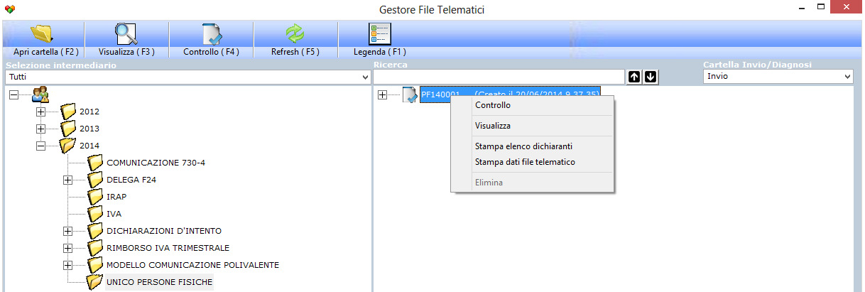 Cliccando, con il tasto destro del mouse, sul file si apre un menù che permette di eseguire delle funzioni sul file selezionato legate al controllo Entrate e al visualizzatore del file stesso: -