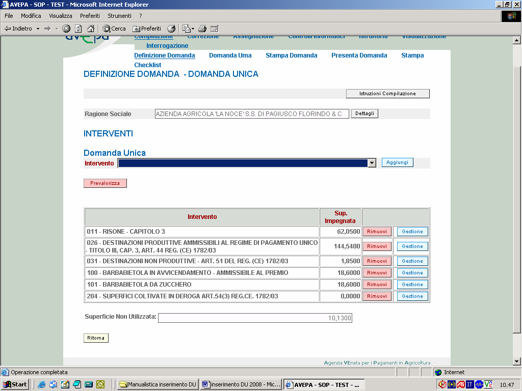 19 NB Con la selezione di questo tasto vengono precaricati per ciascuna coltura di ciascuna particella i seguenti codici intervento: 026 Destinazioni