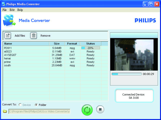 6 Video Trasferimento dei video sul lettore È possibile trasferire i video sul lettore in due modi: Trasferimento tramite Philips Media Converter Con il software per la conversione video, è possibile