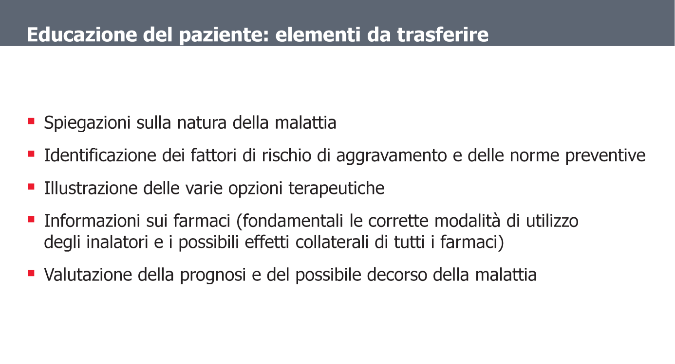 Per quanto riguarda l asma, per esempio, un processo educativo finalizzato alla partecipazione attiva del paziente alla gestione del controllo della malattia sotto la guida del medico curante