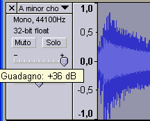 Esercizio 2 Alzare l intonazione del suono di un ottava (12 semitoni), per simulare un accordo suonato sulle ultime corde Alzare al massimo il livello di guadagno della traccia (il primo regolatore