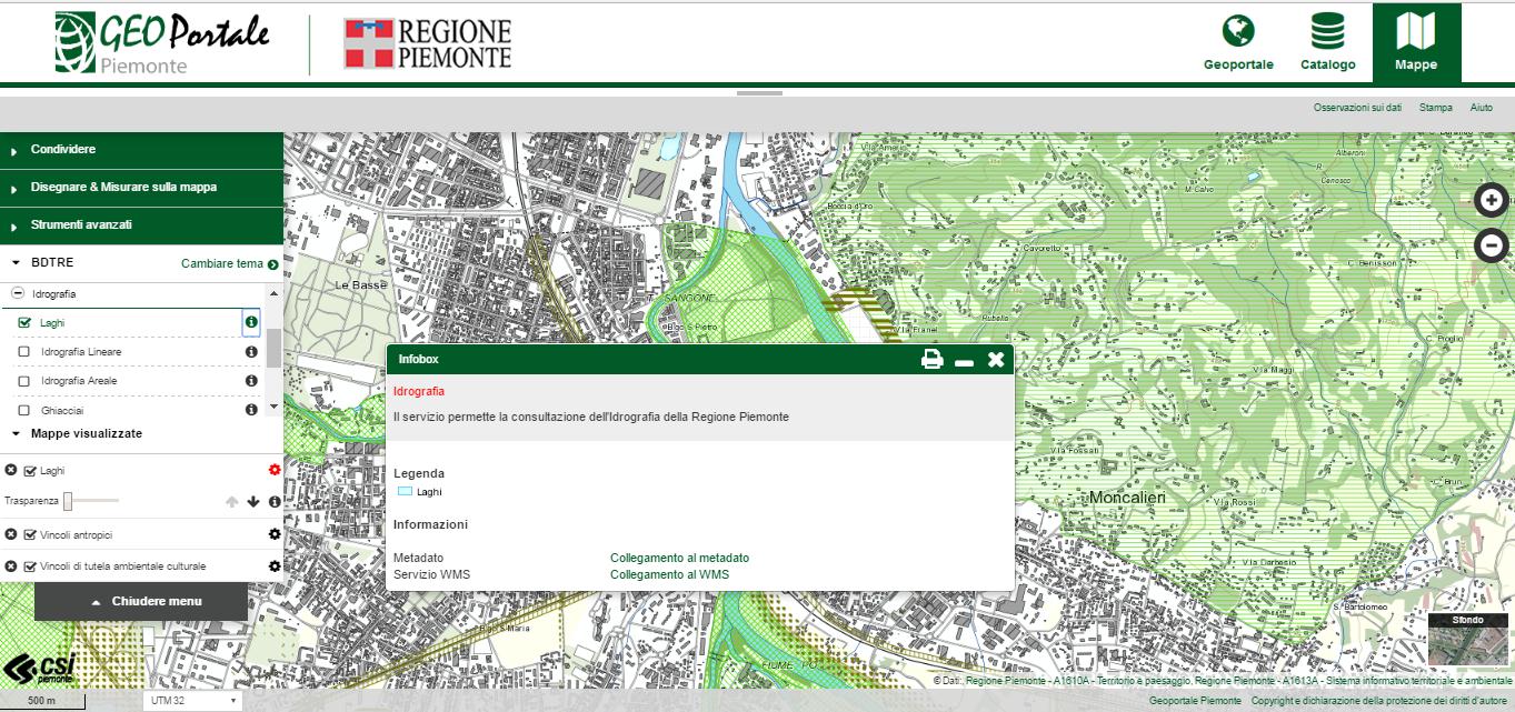 Vedere le informazioni riguardanti un livello La finestra che presenta le informazioni disponibili sui livelli visualizzati (infobox) può essere aperta cliccando sull icona presente in corrispondenza