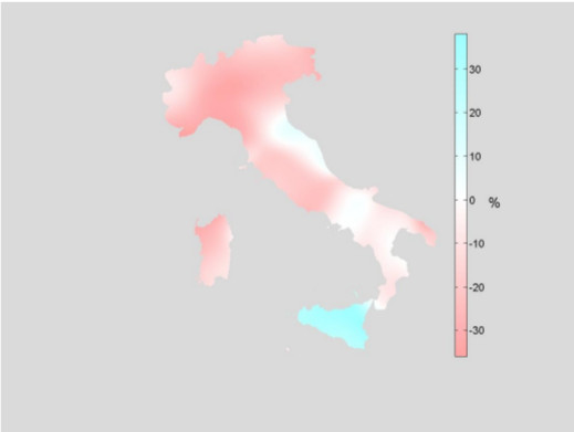 Le precipitazioni cumulate annuali del 2015 in Italia sono state complessivamente inferiori alla media climatologica del 13% circa.