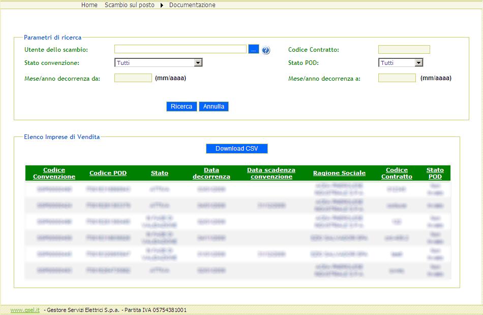 pulsante [Download CSV] è possibile scaricare il file CSV relativo ai dati ricercati