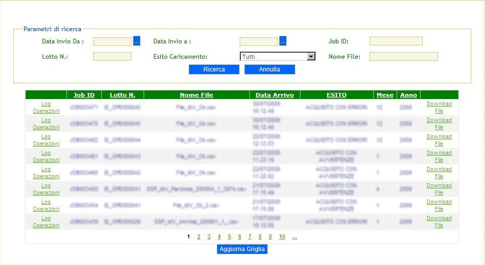 3.2 Stato Invio File Questa maschera visualizza una griglia con i dettagli dei file inviati.