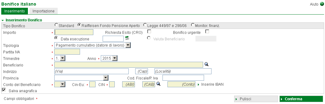 Inserite per bonifici riguardanti benefici fiscali per le misure di risparmio energetico (legge n. 296/2006) o per il recupero del patrimonio edilizio esistente (legge n. 449/1997 art. 16-bis, D.P.R.