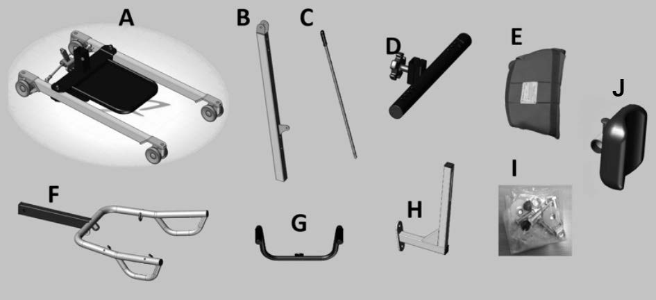 5 7. DESCRIZIONE DELLE PARTI 7.1 Struttura verticalizzatore A. n.1 base con ruote B. n.1 colonna C. n.1 leva per apertura gambe D.