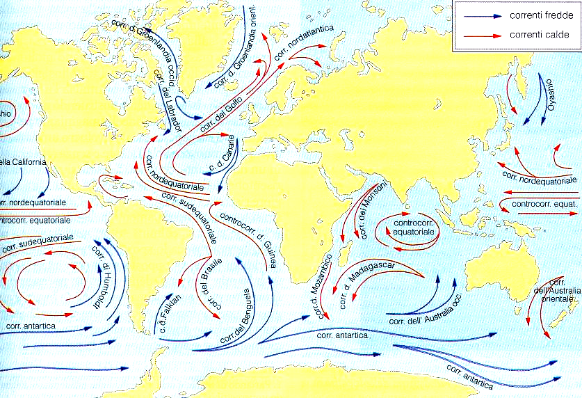 Le grandi Correnti Oceaniche Le correnti influenzano fortemente i climi delle regioni che lambiscono: influenzano temperatura, umidità e limpidità del cielo;