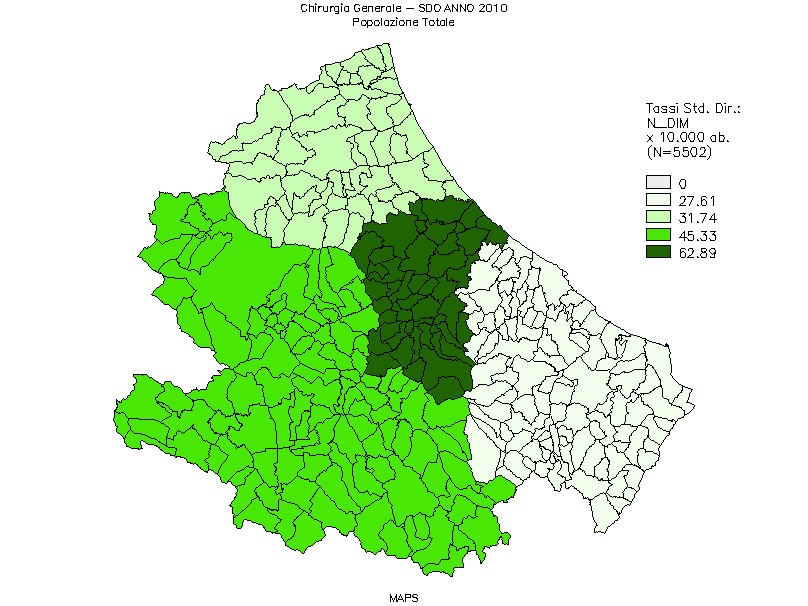 Per quanto riguarda i dimessi dalle UU.OO. di Chirurgia Generale trattasi di residenti prevalentemente della ASL di Pescara: 62,89 per 10.000 abitanti contro il 41,09 per 10.