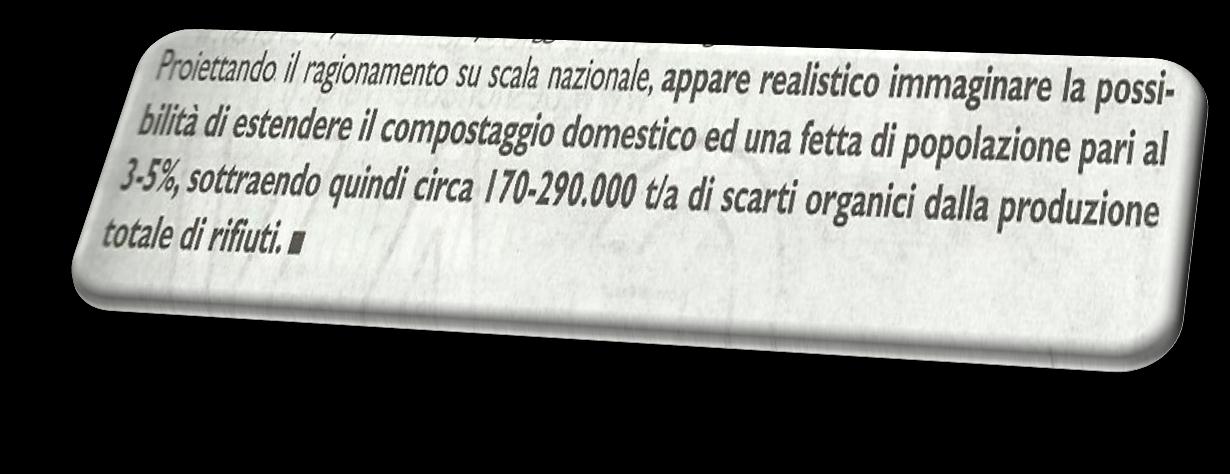 I vantaggi del compostaggio, da un punto di vista ambientale, sono stati misurati con il metodo LCA (Life Cycle Assessment): mancata emissione di gas serra pari a 460.