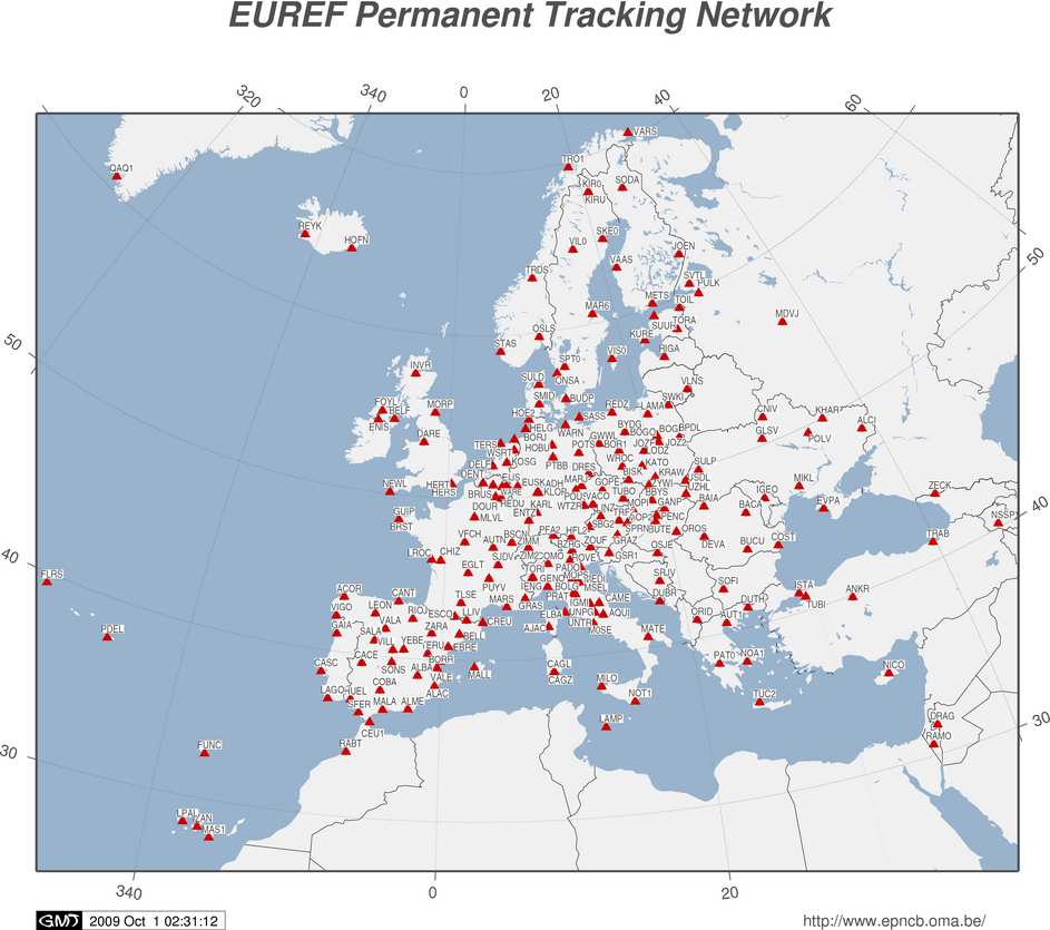 Infrastruttura Europea: EUREF EUREF èla IAG Reference Frame Sub-Commission for Europe TWG >200 Stazioni 17 centri di analisi (in Italia: ASI/Matera