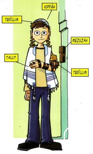 Cosa sono il tallit, i tefillim e la mezuzah? Il tallit è lo scialle della preghiera, di tessuto bianco con strisce scure, munito di frange per ricordarsi i precetti (613 mitzwot).