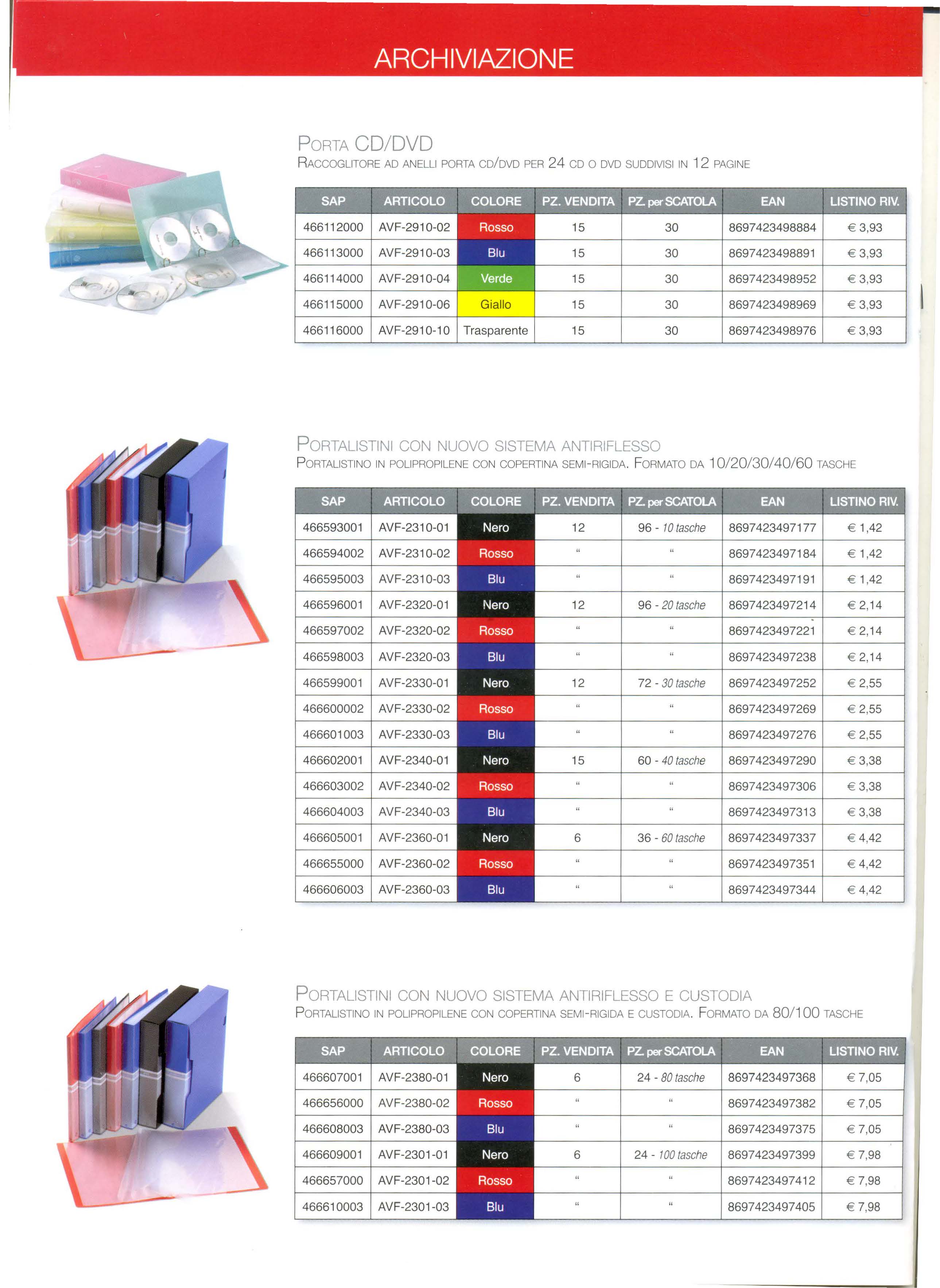 ARCHIVIAZIONE PORTA CD/DVD R ACCOGLITORE AD ANELLI PORTA CD/DVD PER 24 CD O DVD SUDDIVISI IN 12 PAGINE 466113000 AVF-2910-03 15 30 8697423498891 3,93 466114000 AVF-2910-04 15 30 8697423498952 3,93