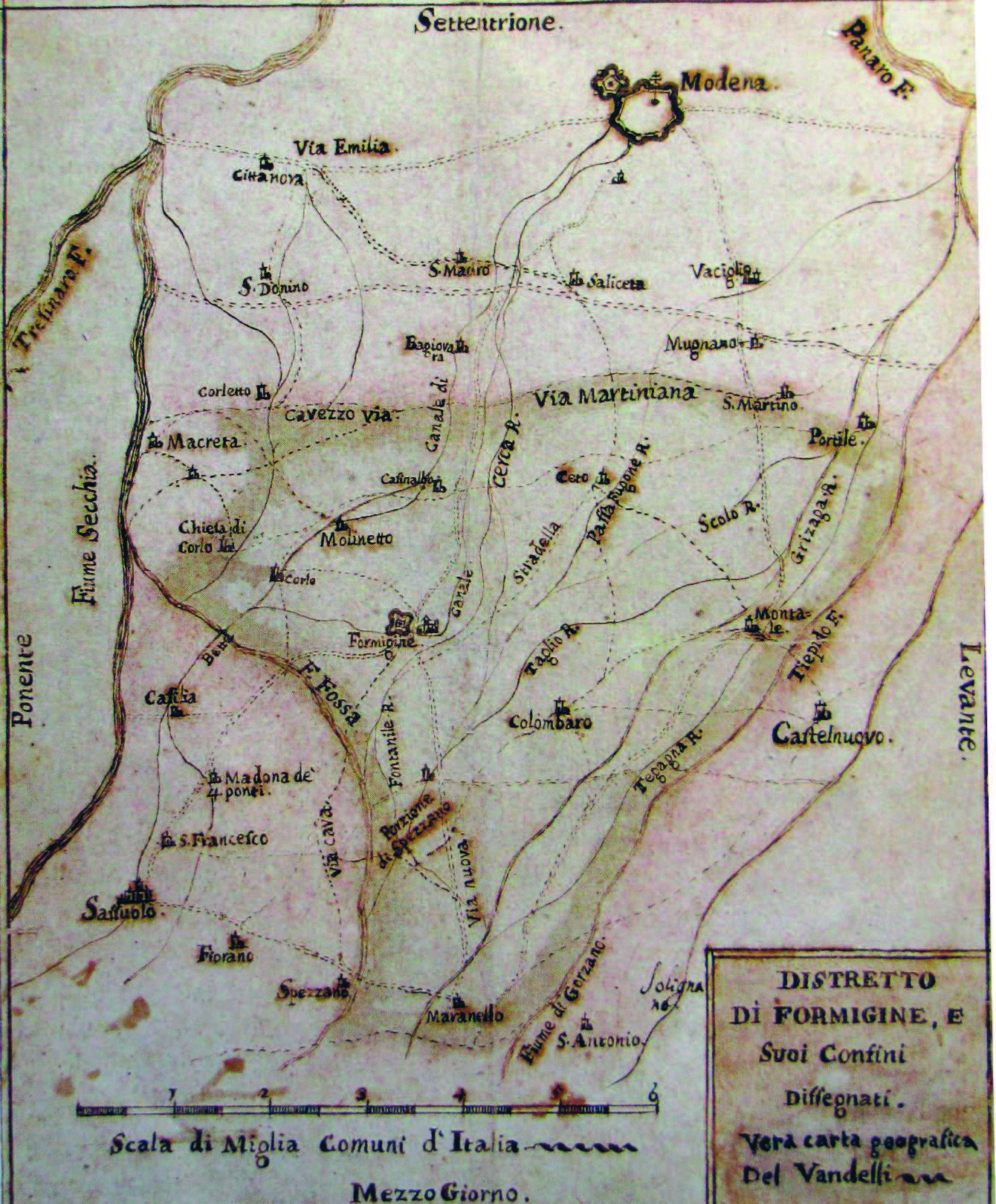 Figura 9: il territorio di Formigine in una mappa del XVIII secolo del cartografo ducale Ing. Vandelli. Da TACCHINI, VANDELLI 1990, p. 34.