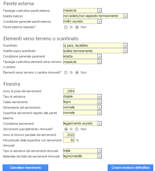 L inserimento dei dati delle finestre inizia con l anno d esecuzione. Ase questo è antecedente all anno di costruzione dell edificio appare un segnale d allarme accanto al campo.
