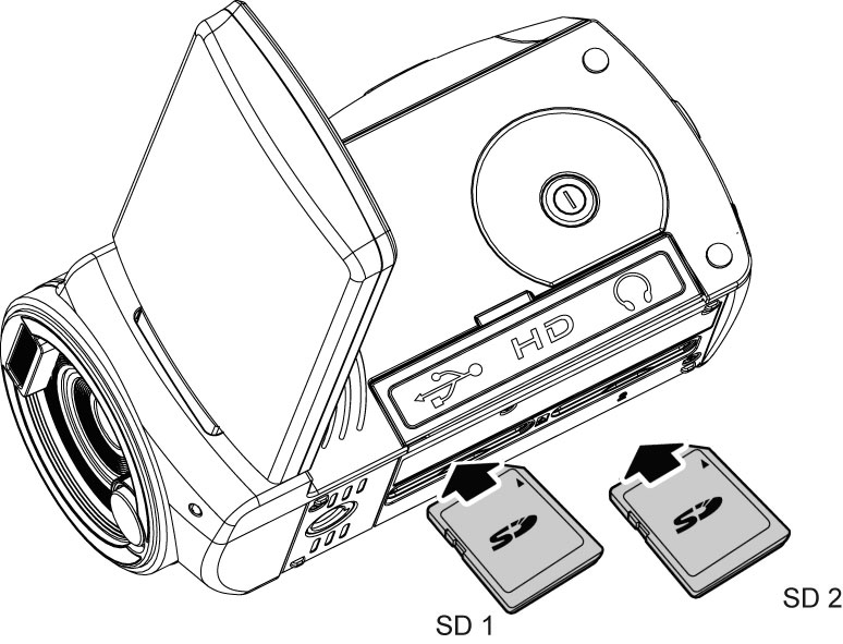 2 Cenni preliminari Ampliare la memoria della videocamera utilizzando schede di memoria SD o SDHC. 2.1 Inserire la scheda SD Inserire una scheda SD accertandosi che sia rivolta verso il basso.