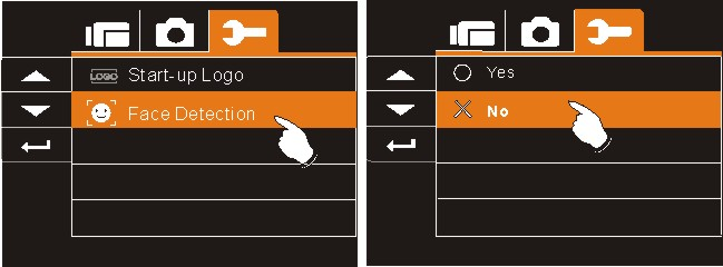 6.5.17 Riscontro faccia Questa funzione può essere utilizzata per rilevare automaticamente i visi mentre si scatta una foto. 1. Accendere la videocamera e passare sul menu Impostazione. 2.