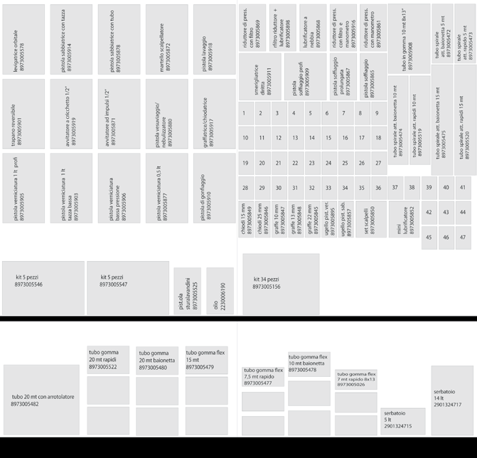 40 Ordine display accessori display a modulo doppio da 2,50 metri LEGENDA Posizione Descrizione 1 8973005853 MOLLA PER SCALPELLATORE 2 8973005854 KIT 3 AGHI GONFIAGGIO 3 8973005569 RUBINETTO 1/4"M -