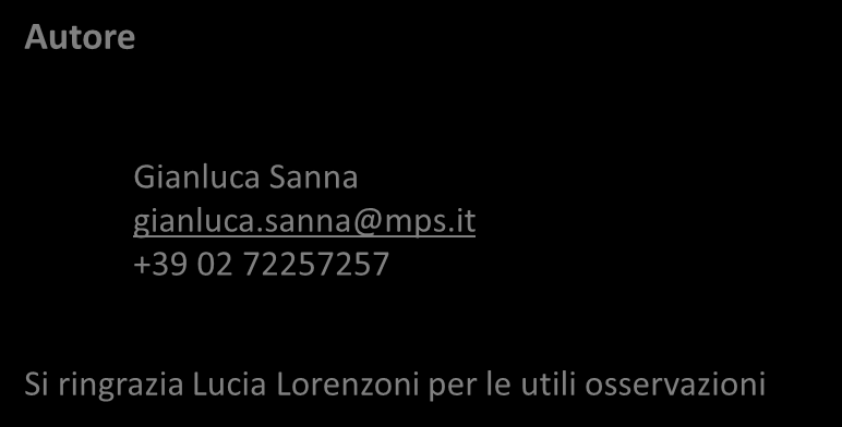 Contatti Area Research & Investor Relations Email: servizio.research@mps.it Autore Gianluca Sanna gianluca.sanna@mps.