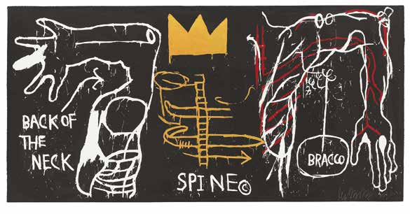 Foto e immagini Foto e immagini Jean-Michel Basquiat Back of the Neck, 1983 Five-color silkscreen with hand coloring on paper, 127,6x258,4 cm Private collection The Estate of Jean-Michel Basquiat by