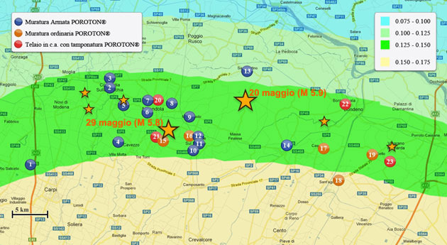 Fig. 1 - Localizzazione delle ricognizioni e degli epicentri delle 7 scosse sismiche che hanno superato magnitudo 5.0 della scala Richter su mappa Google.