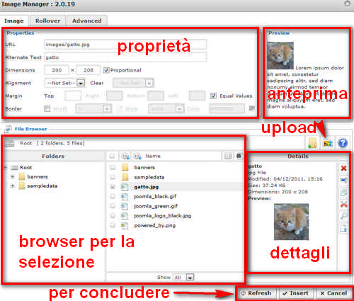 Appare una finestra con il gestore di immagini (Image Manager) di JCE.
