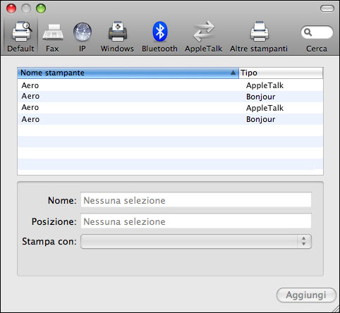 STAMPA DA MAC OS X 18 PER AGGIUNGERE UNA STAMPANTE CON IL COLLEGAMENTO DEFAULT (BONJOUR O APPLETALK) 1 Fare clic sull icona Default nella finestra di dialogo. Viene visualizzata l area Default.