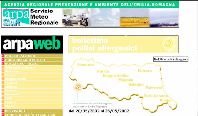 7. POLLINI E SPORE AERODISPERSE La rete regionale di monitoraggio dei pollini allergenici gestita da ARPA è costituita da 1 stazioni localizzate nei capoluoghi di Provincia (da Piacenza a Rimini, con