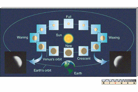 Le fasi di Venere Alla massima distanza dalla Terra (congiunzione superiore), Venere appare un disco rotondo perfettamente illuminato, poi crescerà, finché, alla quadratura, sarà illuminata per metà;