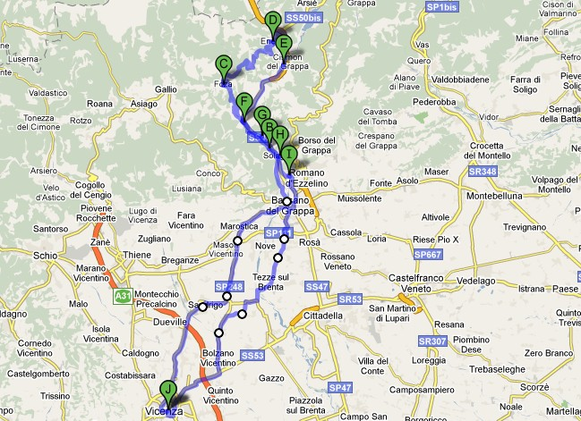 ITINERARIO N. 22 VICENZA - CAMPOLONGO SUL BRENTA FOZA ENEGO CISMON DEL GRAPPA VALSTAGNA SAN NAZARIO SOLAGNA POVE DEL GRAPPA - VICENZA Lunghezza complessiva: km. 151,6 Altimetria (metri s.l.m.): Vicenza 40 Campolongo B.