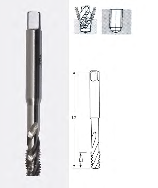 Maschi a macchina hss-co per inox-fori ciechi Maschi a macchina in hss-co per effettuare filettature su fori ciechi in singola passata su inox, acciai, ghisa, metalli non ferrosi.