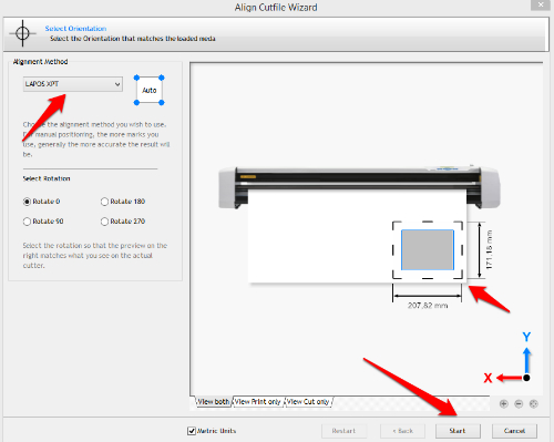 Si apre l`assistente d`allineamento. Selezioni come Metodo di allineamento LAPOS XPT. Analogico imposta l espressione alla figura in DrawCut PRO al plotter (marcatore chiuso sotto a destra).