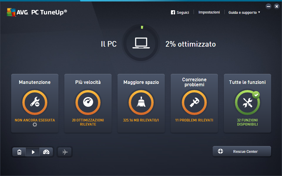 3.1. Dashboard La nuova dashboard di AVG PC TuneUp consente di accedere a tutte le funzioni e le opzioni di ottimizzazione.