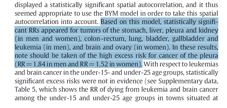 Cancer mortality in towns in the vicinity of incinerators and installations for the recovery or disposal of hazardous waste basandoci su questo modello, I rischi relativi (RRs) statisticamente