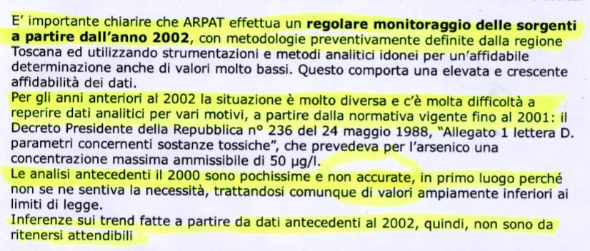 L Arpat risponde che i dati analitici USL precedenti al 2002 non