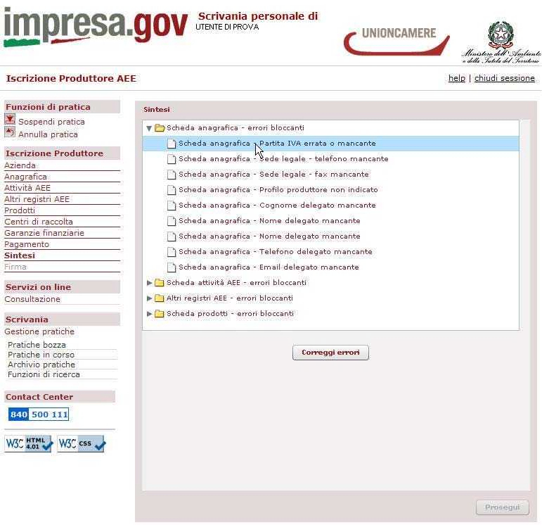 Sintesi permette un controllo della completezza dei dati inseriti E richiesto il versamento di: 30,00 quali diritti di segreteria [art.