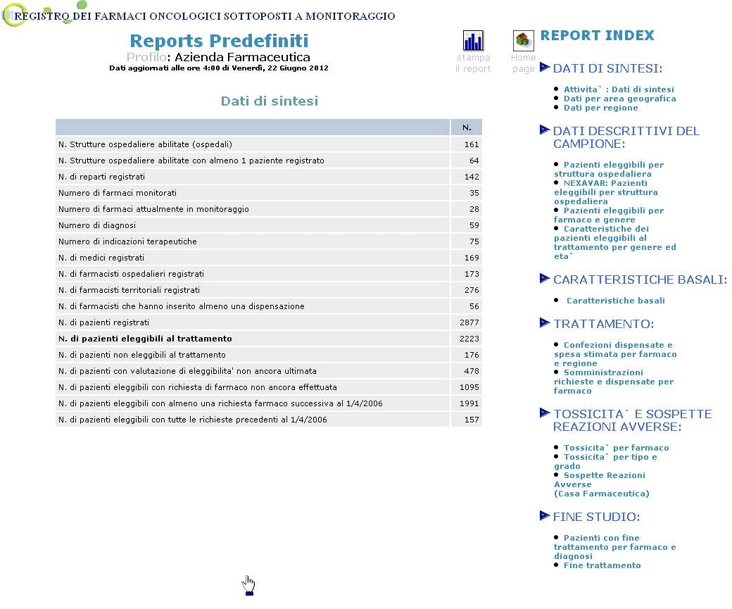 2) cliccando il link Report Predefiniti presente in Home Page e successivamente cliccando sul link Sospette Reazioni Avverse che si trova all interno della sezione