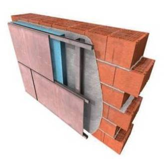 FACCIATA VENTILATA Applicazioni: Isolamento esterno Il sistema facciata ventilata tradizionale è costituito da: sottostruttura composta da staffe di ancoraggio alla parete profili di