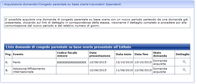 selezione della domanda da una lista, visualizzazione del dettaglio della domanda da cui si intende partire per procedere alla comunicazione di un nuovo periodo, generazione di una domanda in bozza